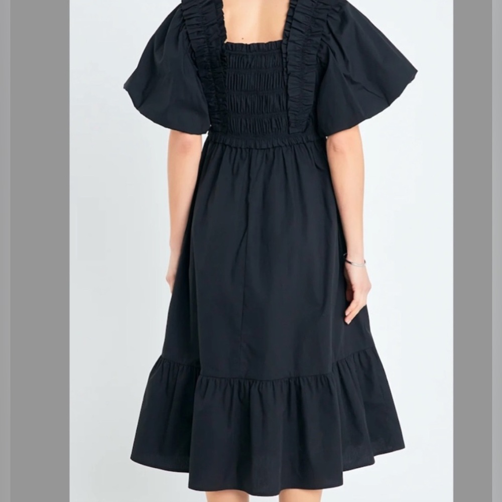 NWT English Factory Puff Sleeve Square Neck Smocked Midi Dress Black Size L - Picture 3 of 15
